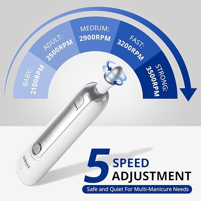 AIRSEE Professional Manicure Pedicure Kit,Cordless 6 in 1 Electric Nail File for feet,5 Speed Rechargeable Pedicure Tools for Thick Nail Toenail Cuticle, Hand Feet Trimmer Buffer for Women Men,White