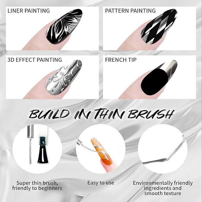 12ml Metallic Painting Gel Liner Nail Art 3D Mirror Chrome Effect Nail Polish Metal Painted Drawing Build in Thin Brush Soak Off UV/LED Ultra Mirror Silver Gel for Nail Art Manicure