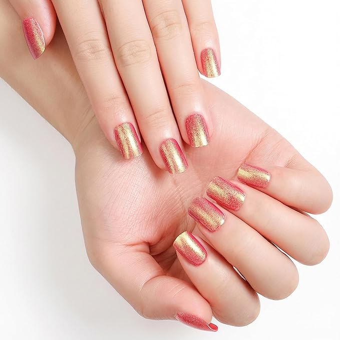 Red Short Square Press On Nails - Gold Glitter, Classic Red With Fine Gold Sparkle, Delivers a Clean, Elegant Look With Lasting Visual Impact, 24 Nails in 12 Sizes with Glue