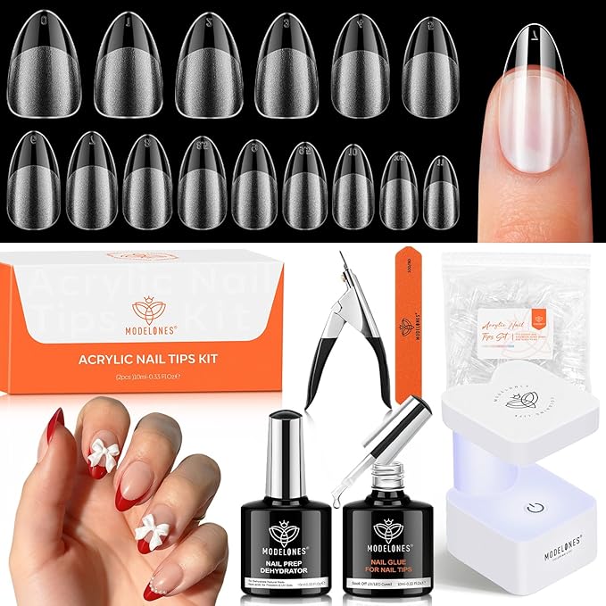 modelones X Nail Gel Kit, Upgrade 15Sizes Pre-shaped Gel Nail Tips Short Almond Shape, 9-in-One Glue Prep Dehydrator & Portable Led Lamp, 510Pcs Press On Extension Kit Gift for Women