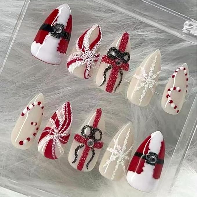 30Pcs Christmas Press on Nails Medium Almond Fake Nails Snowflake Candy Canes False Nails with Red and White Glitter Design Cute Winter Xmas Artificial Stick on Nail Full Cover Glue on Nails for Women