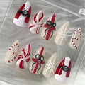 30Pcs Christmas Press on Nails Medium Almond Fake Nails Snowflake Candy Canes False Nails with Red and White Glitter Design Cute Winter Xmas Artificial Stick on Nail Full Cover Glue on Nails for Women