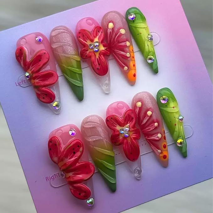 100% Handmade Press on Nails Long Stiletto Fake Nails Red 5D Flower Glue on Nails Ombre Green False Nails with Rhinestones Water Ripple Handmade Nail for Women Girls Daily Wear Manicure 10pcs Size L
