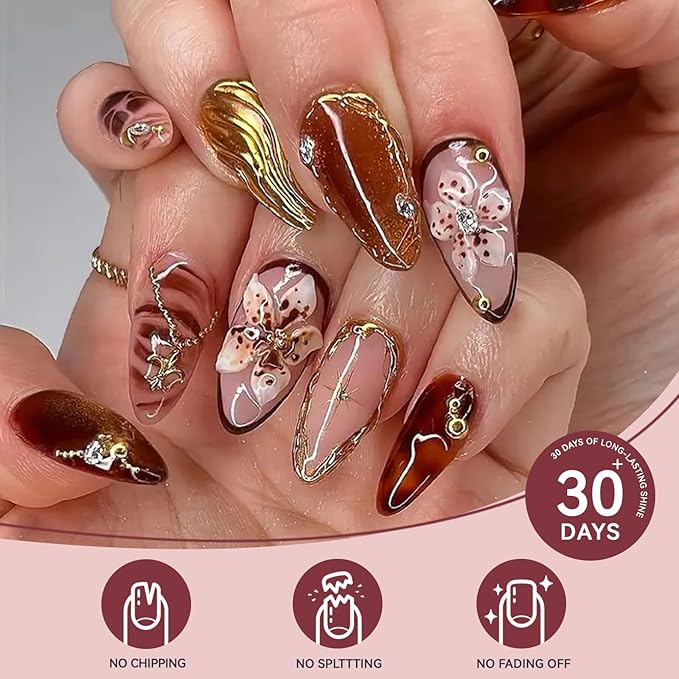Medium Press on Nails Almond Fake Nails Brown False Nails,Flowers Artificial Nail with Gold Brown Leopard Charm Designs Fall Autumn Handmade Nail 3D Floral Stick on Nails for Women,24pcs