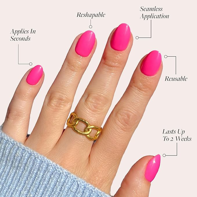 Glamnetic Press On Nails - Hot Pink Fake Nails | Opaque Bright Neon Pink Short Oval Fake Nails, Salon Quality | 15 Sizes - 30 Nail Kit with Glue