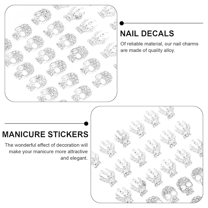 Beaupretty 40pcs Halloween Nail Charms 3D Skull Hand Nail Art Decals Rhinestone Cool Punk Skull Alloy Metal Nail Art Decoration Tips (Silver)