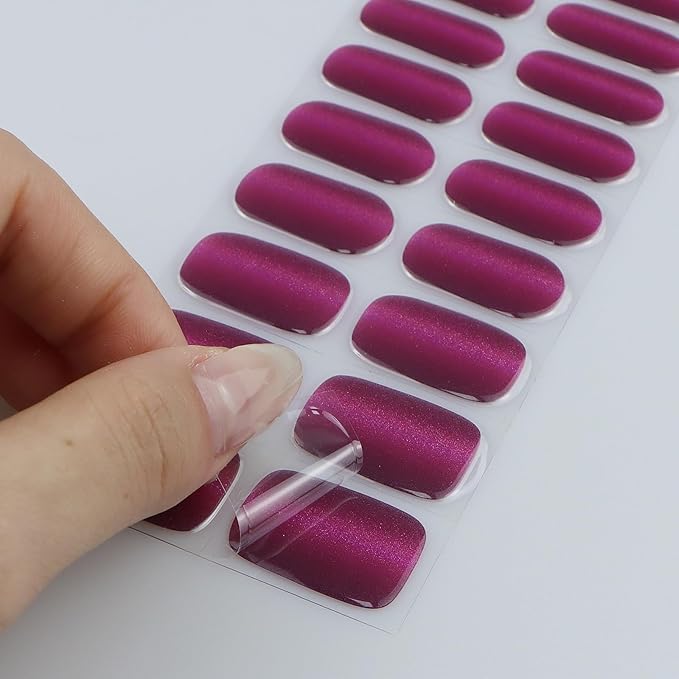 JMEOWIO Gel Nail Stickers Purple Red Glitter Cat Eyes Semi Cured Gel Nail Strips Wraps UV/LED Nails Art Design Decoration Accessories