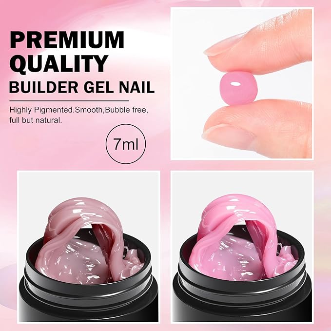 MEET ACROSS All-in-One Extension Mini Kit 2×7ml Non-Sticky Builder Gel Starter Kit WIth Base & Top Coat/Dual-Silicone Pen/Pro File/20-Pc Reusable Dual Forms Salon-Grade Extensions (Nude+Pink)