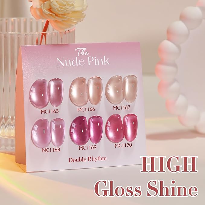 Double Rhythm 0.5 Oz Cat Eye Gel Polish with Magnet Same Color Same Bottle Holographic Glitter Shimmer Translucent Color Salon 15 ML Magnetic Nail Art (Rose Pink-MC1165)