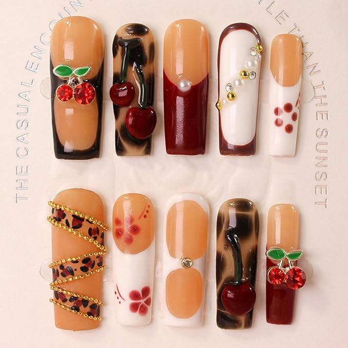 Red Cherry Press on Nails Handmade Long Square Fake Nails 3D Pearl Steel Ball Charms Designs Thicked FArench Tips False Nails Handmade Press on Nails Full Cover Stick on Nails for Women (S)