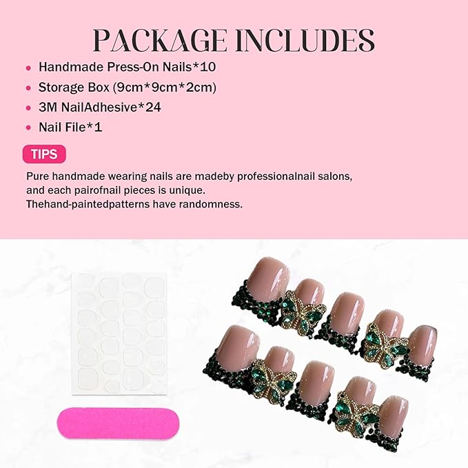 10Pcs Handmade Press on Nails Medium Duck Fake Nails French Tip Green False Nails Luxury Butterfly Rhinestone Full Cover Glue on Nail Sparkly Reusable Stick on Nail for Women (Size M)
