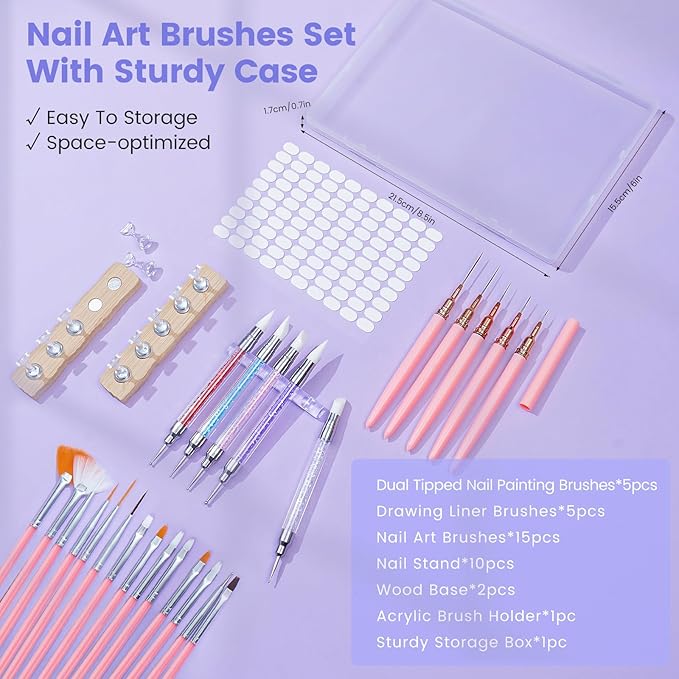 Quaferen Nail Art Brushes Set 40PCS Liner Brushes for Nails Dual Tipped Dotting Tools Silicone Sculpture Pen Thin Nail Brush with Brush Holder Color Palette for Beginners Painting DIY Salon Home