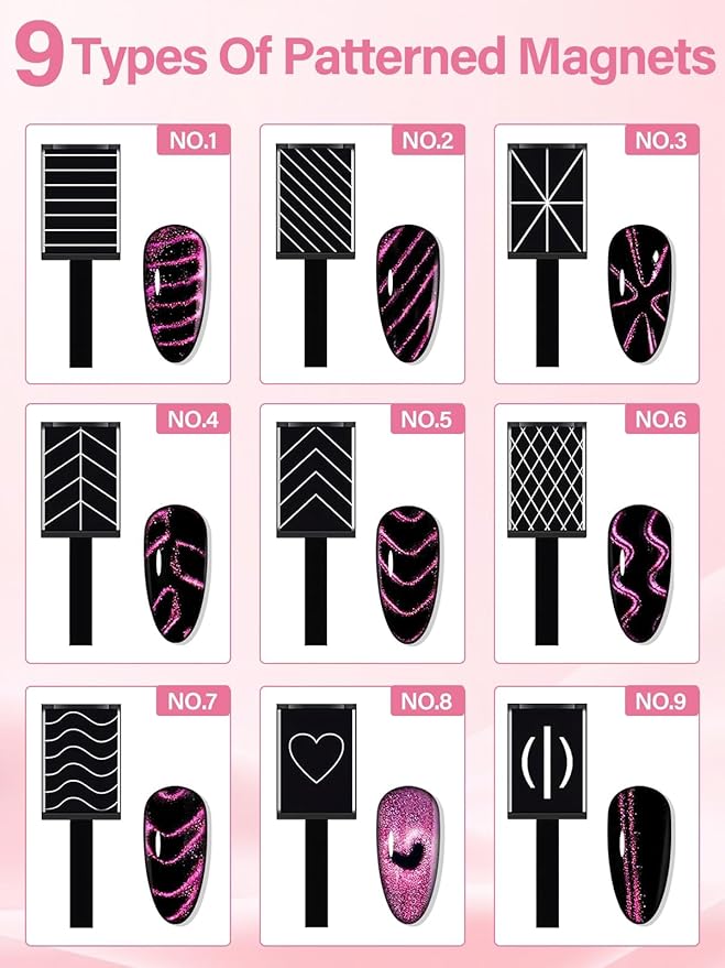 EBANKU Cat Eye Magnetic for Nails, 17PCS Cat Eye Gel Nail Polish Magnet Tools Powerful Set Wand Magnet for Nail Polish Square Round Y Shaped Heart Magnet Stick Diverse Glassy Cateye Effect