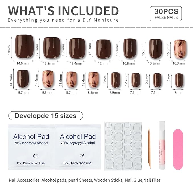 Brown Press On Nails Short Square 24pcs, Nude Coffee False Nails with Gold Leaf Design, Glossy Acrylic Stick On Nails, Natural Reusable Glue On Fake Nails Kit for Women