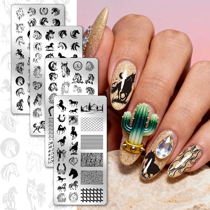 PH PandaHall 4pcs Horse Nail Stamping Plate Running Horse Nail Art Template Animals Nails Arts Stencils Horseshoes Manicure Design Stamper Nails Image Plates for Women DIY Manicure Salon Printing