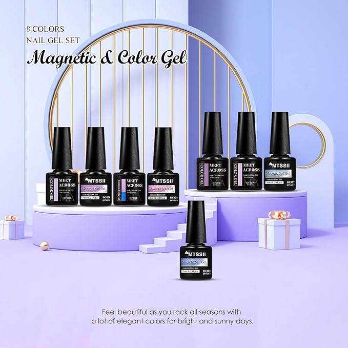 MEET ACROSS 8pcs Gel Nail Polish Set, Soak off UV LED Lamp Gel Nail Polish Cat Eye Set Home Gel Manicure Kit 7ml (Cat Eye + color Gel-5)