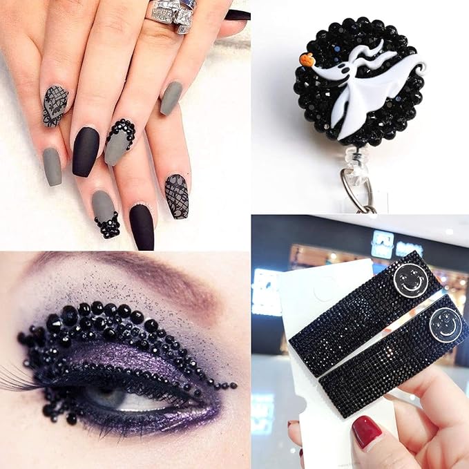 AD Beads 4300 Pieces Flat Back Nail Art Rhinestones Round Beads 6 Sizes (2-6.5mm) with Storage Organizer Box,Rhinestones Picking Pen for Nail Art Phone Decorations Crafts DIY (Black)