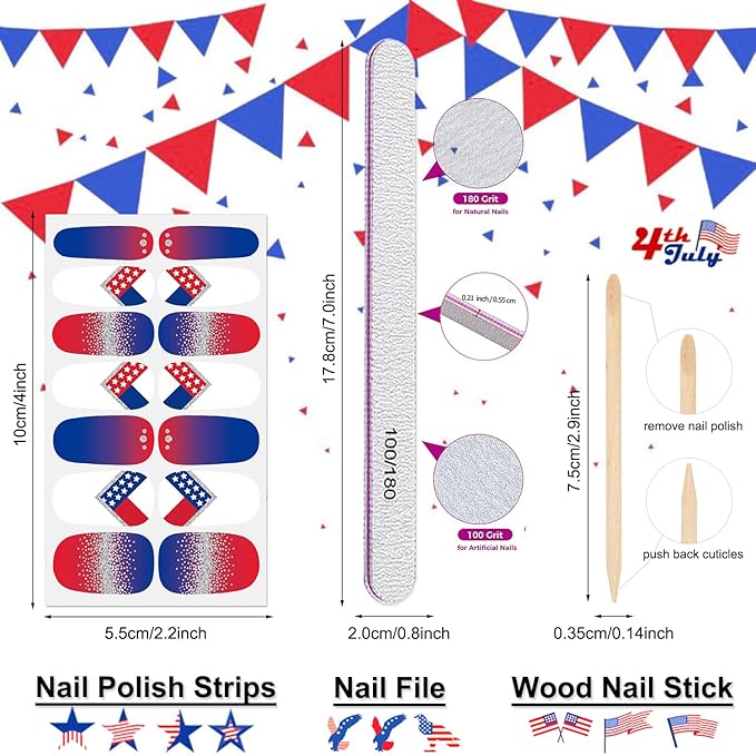 DANNEASY 16 Sheets Independence Day Nail Wraps for Women 4th of July Nail Polish Stickers Solid Color Nail Polish Strips Self-Adhesive Fingernail Stickers with Nail File, Cuticle Stick