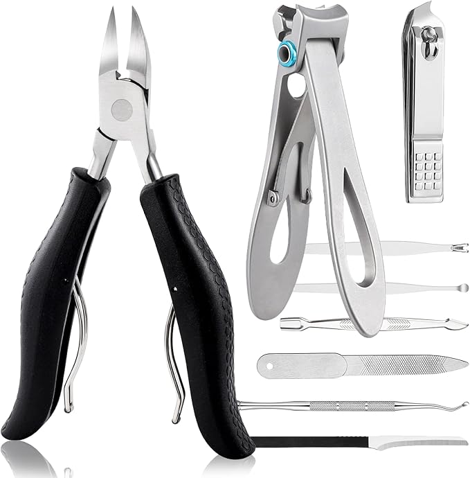 SOUTHMAN Toenail Clippers for Thick & Ingrown Nails Toenail Clippers Kits Stainless Steel Super Sharp Curved Blade Grooming Nail Tool for Man & Women Nail Clippers (9pcs)