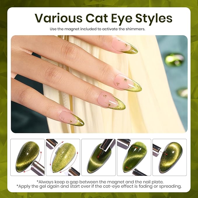 Beetles Green Cat Eye Gel Nail Polish - 15ML Olive Green Cat Eye Glitter Magnetic Gel Polish Soak Off Uv Nail Art Manicure Christmas Winter Gifts for Women
