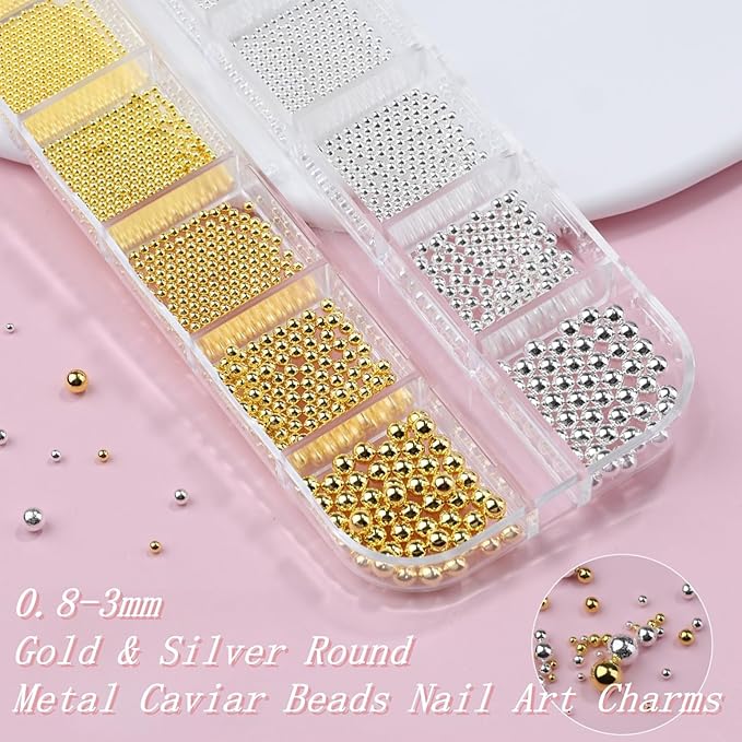 3D Mini Small Metal Stainless Steel Caviar Nail Beads Balls, 0.8-3mm Gold Silver Alloy Nail Art Chain Charms Studs with Tweezers and Dual-end Brush (1-K1-metal-beads)