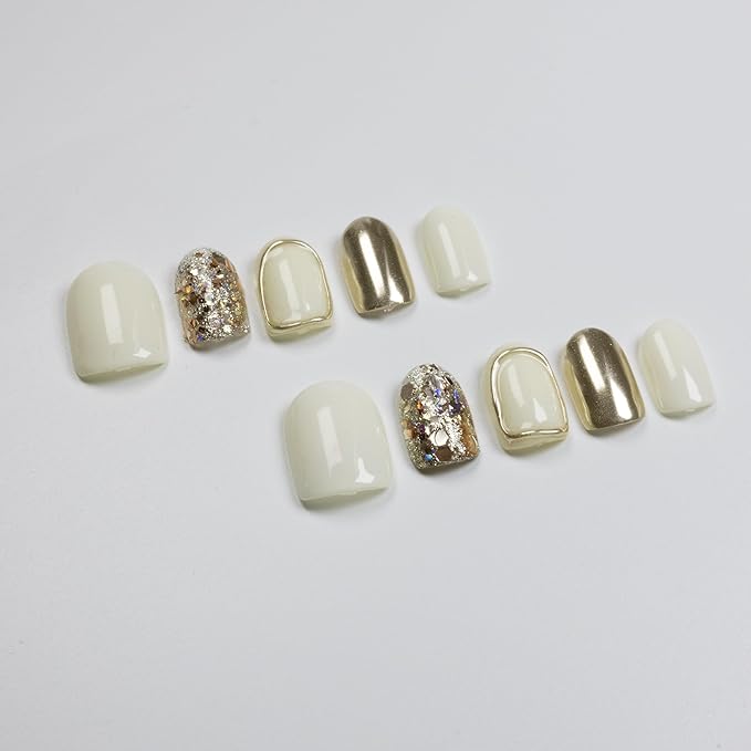 Press on Nails, Round Fake Nails Gold Glitter False Nails Middle Gold Press on Nails for Women Girls Nail Art Decoration,Sacred Heart - Middle