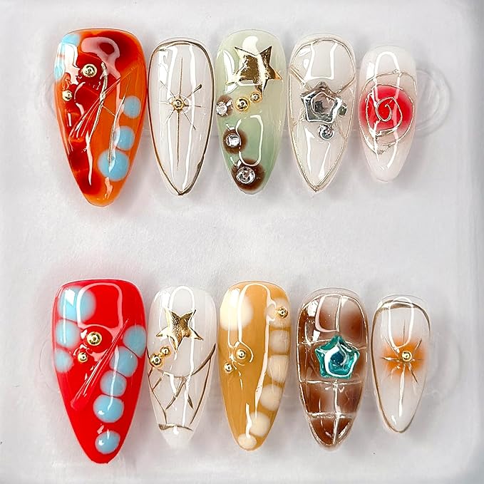 Luxury Press on Nails Medium Almond Handmade 3D Unique Reusable ABS Material Fake Nails Y2K Silver Curve Line False Nails with Designs Stars Art Glossy Glue on Nails Thick Acrylic Nails(M)