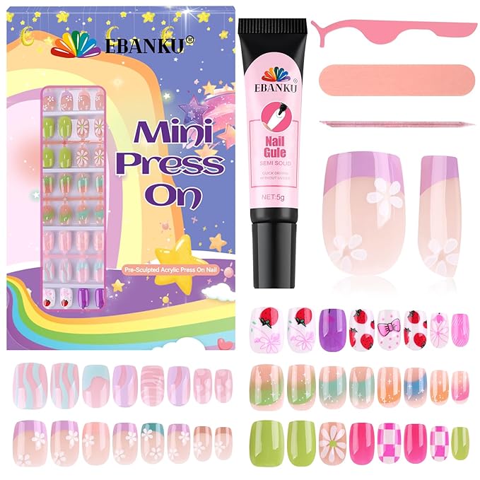 EBANKU 130 Pcs Press on Nail Kids, 5 Pack French Flower Kid Flase Nails Kit with Nail Glue Set Fake Nail for Girls 5-10 Years Christmas Gift Set