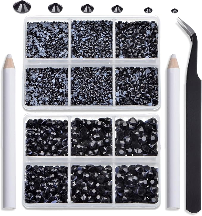 NCB Hotfix Iron on 8000pcs Crystal Rhinestones Round Gem for Crafts Decoration DIY Jewelry Making with a Tweezers and 2 Picking pens (Black, 6Sizes SS4-SS30)