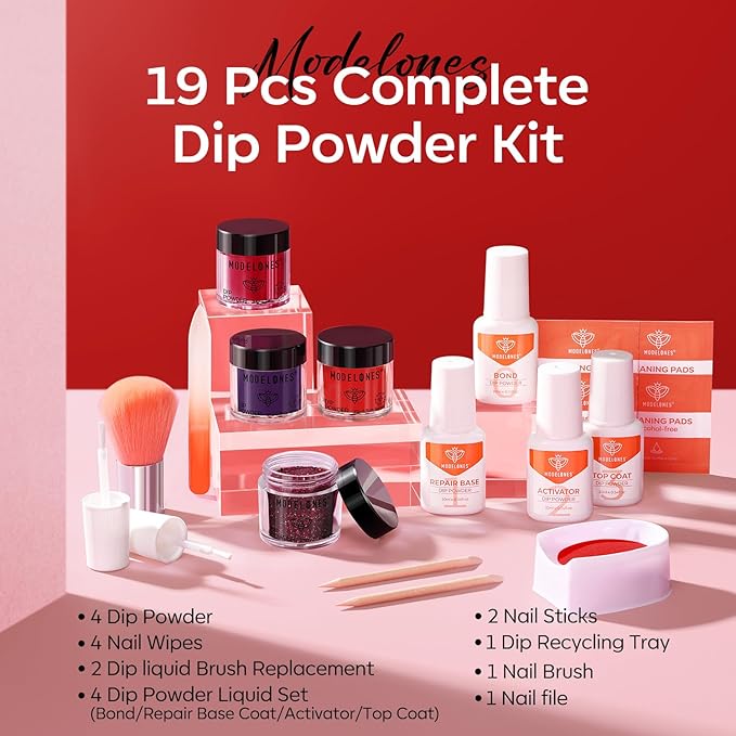 Modelones Dip Powder Nail Kit, 4 Colors Red Purple Glitter Dipping Starter Set with Liquid and Accessories for French Nails Art Salon DIY at Home Manicure
