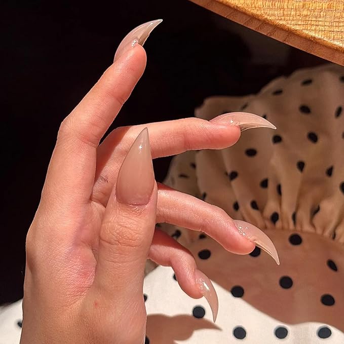 Stiletto Handmade Press on Claw Nails Nude Cat Claw Fake Nails Unique Reusable Dragon Claw False Nails with Designs Eagle Claw Glossy Glue on Nail Thick Acrylic Nail