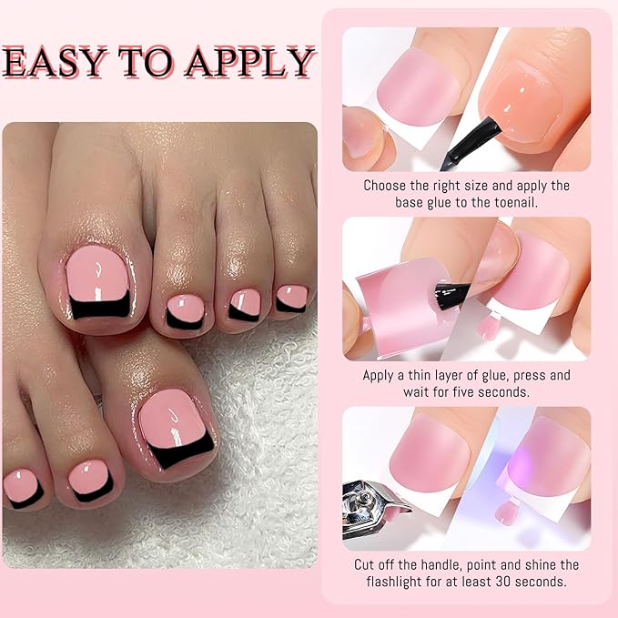 150pc French Tips Press on Toenails Women Toe Nail Press ons, Black French Tip Toe Press on Nails Fake Toenails Square Fake Toes Nail Tips Glue on Toenail Stick Acrylic Toes Nails Kit with Glue Tab