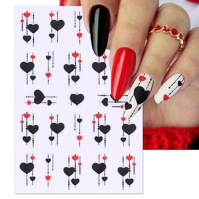 Valentine's Day Nail Art Stickers - Sexy Red Black Heart Nail Decals, Self-Adhesive White Love for DIY 3D Nail Supplies Decoration (4 Sheets)