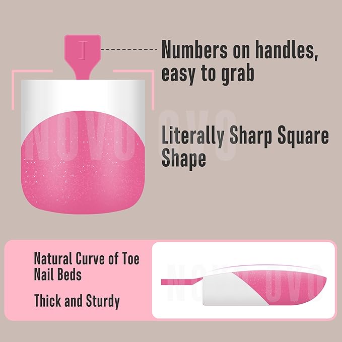 NOVO OVO French Tip Toe Nail Tips press on, ROSE PINK WITH GLITTER Sharp Square Toe Nail Tips Toenail Extension, Need Builder Gel & Top Coat, no Glue, Full Cover Acrylic for DIY 15 Sizes 240 pcs