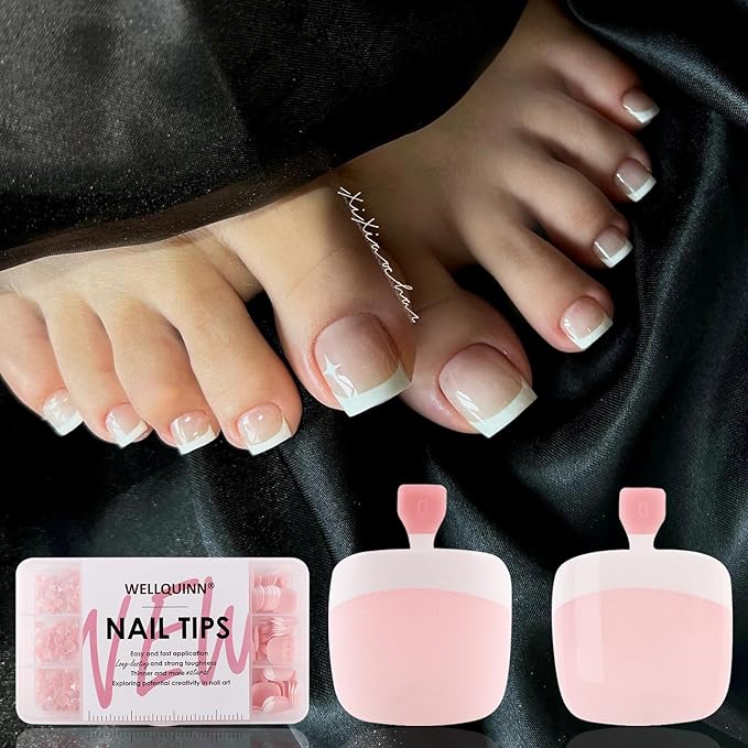 French Tip Toe Nail Tips Press on Nails, Squoval Pre-Designed False Toenail Extension, Baby Pink Pre-applied Tip Press On Toenails Full Cover Acrylic Nails for DIY 15 Sizes 300 pcs