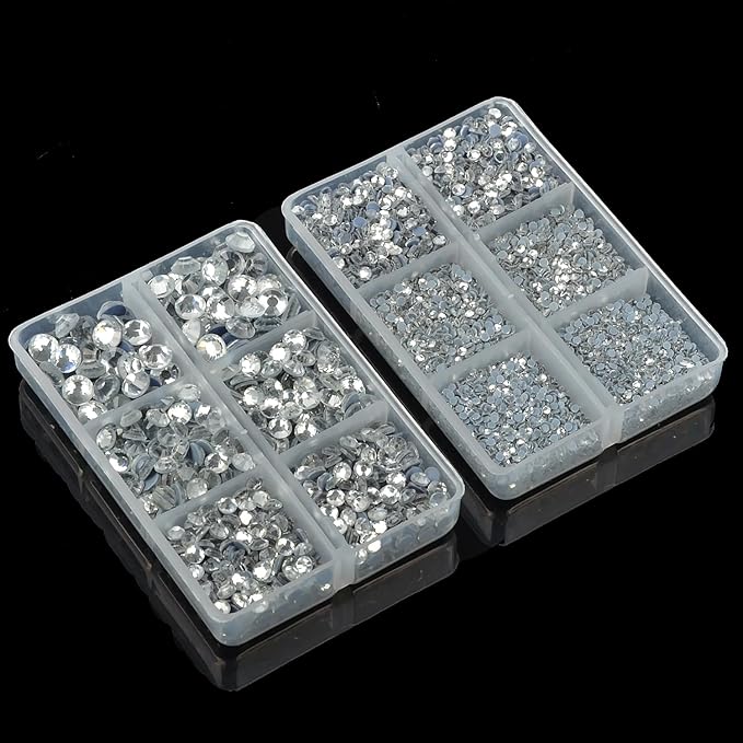 10000Pcs 2-Boxes Mixed Size Hot Fix Round Crystals Gems Glass Stones Hotfix Flat Back Rhinestones with Tweezers and Picking Pencil (Clear Crystal)