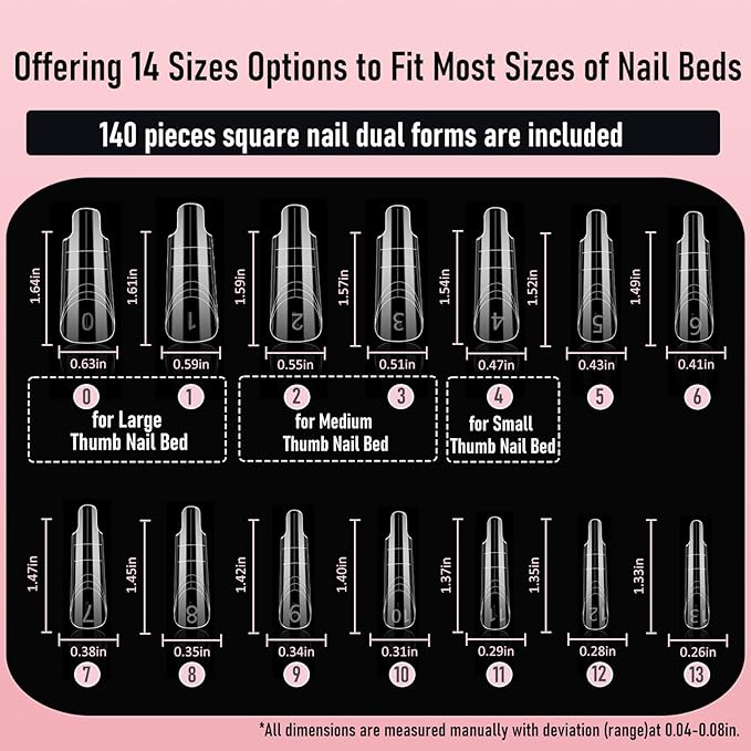Square (Sculpted) Poly Gel Dual Nail Forms, Medium Long Reusable Full Cover Acrylic Builder Solid Hard Gel Polygel Extension Nail Molds 14 Sizes 140 Pcs, Set for Salon & DIY