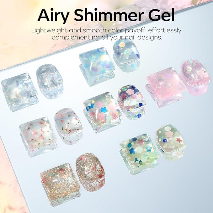 modelones Gel Nail Polish Set, 6 Colors Dried Flower Laser Butterfly Blue Pink Star Shape Ornament Glitter Gel Polish Collection with Wooden Stick All Seasons Soak Off LED Manicure DIY Gift
