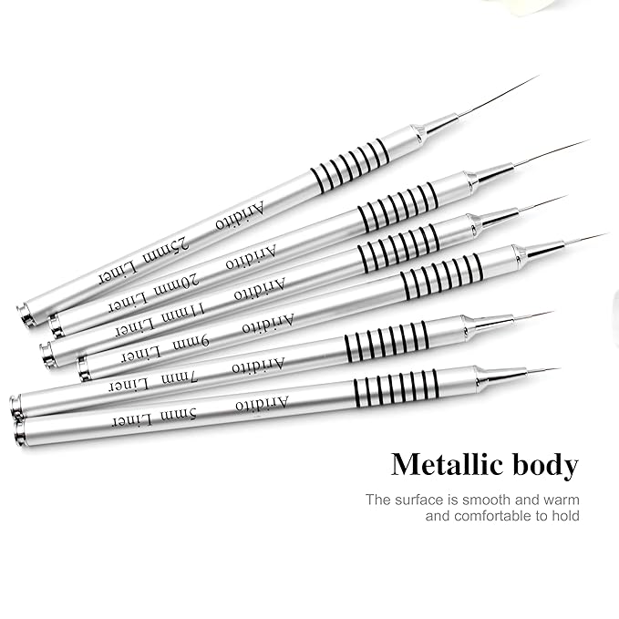 6Pcs Silver Metal Handle Nail Art Liner Brushes Set for Long Lines, Fine Details Painting Gel Nail Brush Drawing Sizes 5/7/9/11/20/25mm