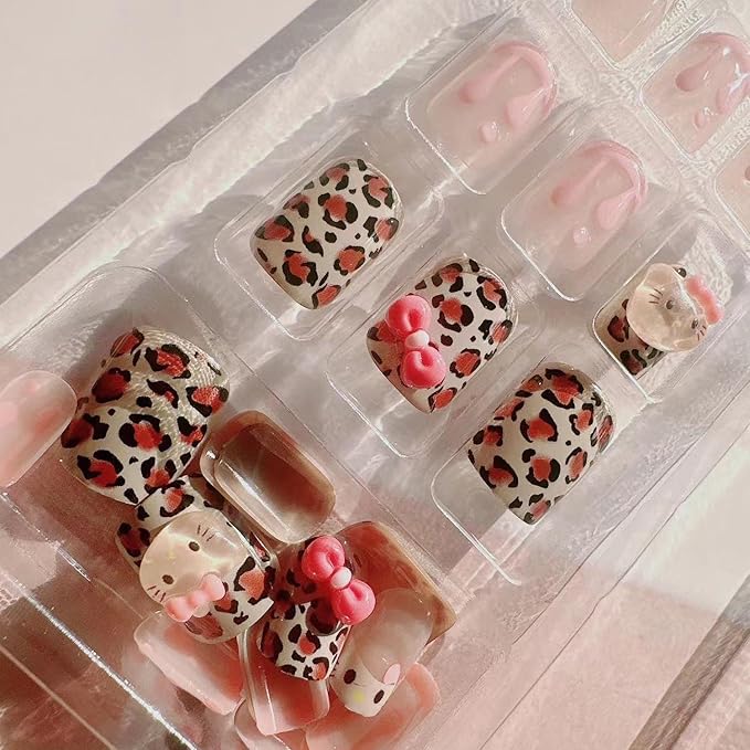 Cute Press on Nails Short Square Fake Nails with 3D French Cute Kawaii Design Leopard Pink Press ons Cartoon Nail Tip Artificial Acrylic Nail Cute False Nails for Women Manicure 24Pcs