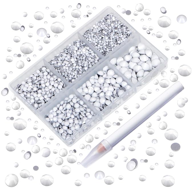 AD Beads 4300 Pieces Flat Back Nail Art Rhinestones Round Beads 6 Sizes (2-6.5mm) with Storage Organizer Box,Rhinestones Picking Pen for Nail Art Phone Decorations Crafts DIY (Chalk White)