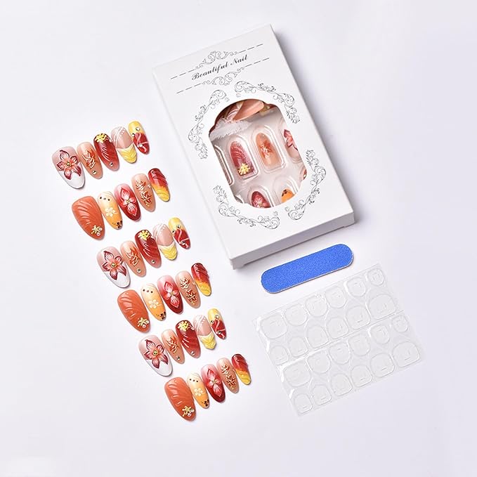 30Pcs Handmade Press on Nails Medium Almond Fake Nails, French Tips False Nails with 3D Maple Leaf Flowers Rhinestone Designs Reusable Full Cover Acrylic Nail for Women DIY Manicure