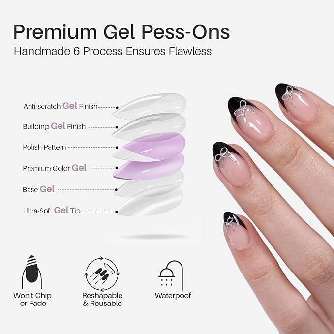 Black French Tip Press on Nails Short with 3D Bow Design - Soft Gel Almond Fake Nails for Women Gift, Natural Stick on Nails with Glue in 16 Sizes - 32 Reusable Nails, Silver Ribbon