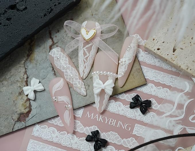 Wedding Bride Lace Nail Sticker Black White Ultra Thin Laces Peel Off Stencils Floral Weblike Pattern Stripe Nail Art Polish Decals (2 Sheets)
