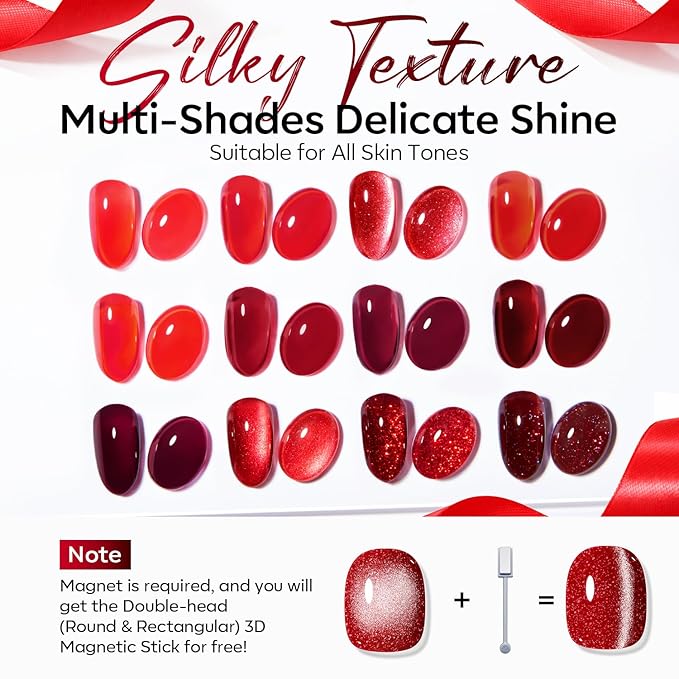 modelones 12Pcs 15ML Red Gel Nail Polish Set, Same Bottle Same Bottle Burgundy Cherry Dark Red Cat Eye Glitter Color Changing Hema Free Gel Polish Kit with Magnet Soak Off Manicure Nail Art DIY