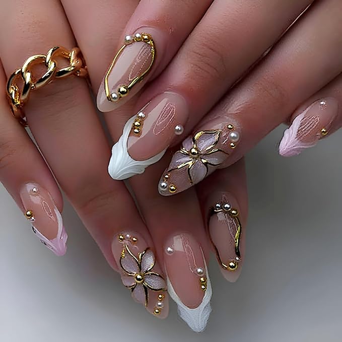 French Tip Fake Nails Medium Almond Press on Nails Flower False Nails Glossy Full Cover Nails Press Ons with Pearl Design Pink White French Tip Stick on Nail Acrylic Glue on Nail for Women 24Pcs
