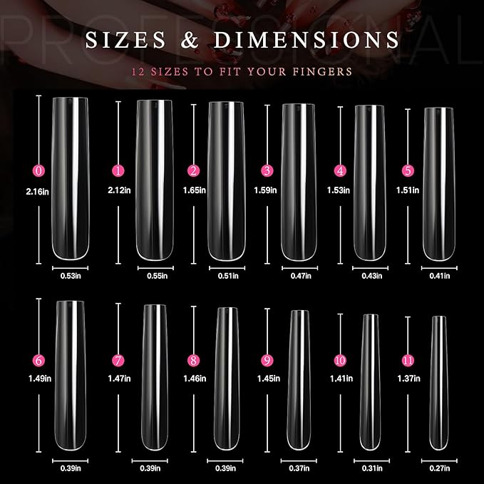Ranrose Extra Long Nail Tips, 240PCS XXXL Long Square Acrylic Nails Full Cover Clear Long Straight Tapered Square Nail Tips 12 Sizes Pre-shaped Fake Nails for DIY Press On Nail Extensions for Women