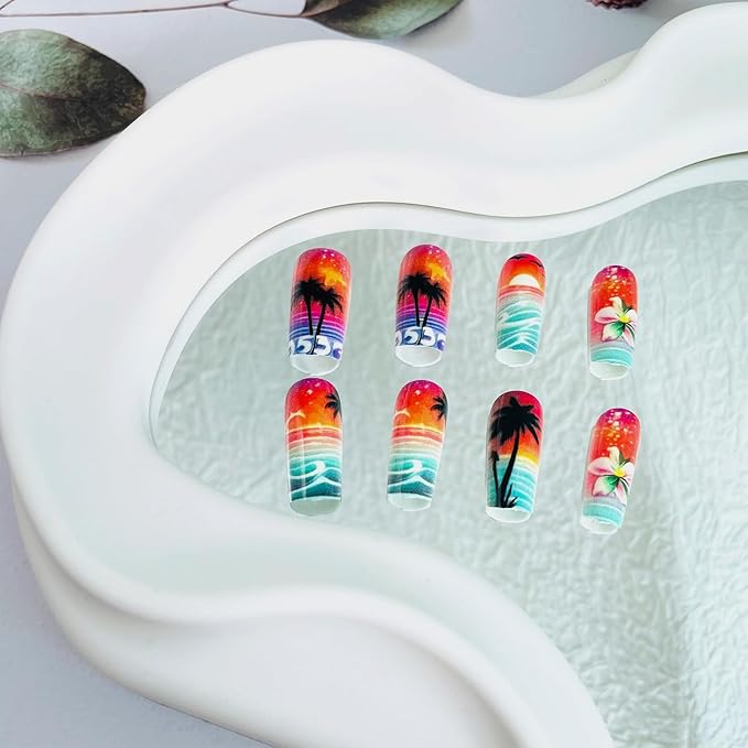 Waves French Tip Press On Nails, Medium Long Square Acrylic False Nails, 24 Pcs/Box, Multicolor, Summer Sea Pattern, Glossy Finish, Kit, Full Well Tips