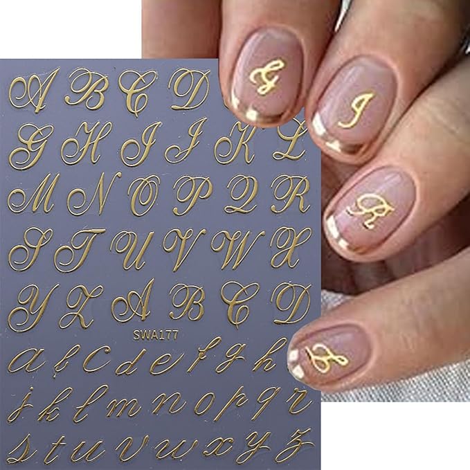 Retro Letters Nail Art Stickers Decals 8 Sheets Old English Letter Nail Stickers 3D Self-Adhesive Black Gold Red Blue Personalized Alphabet Nails Design Sticker para Uñas for Women DIY Manicure Tips
