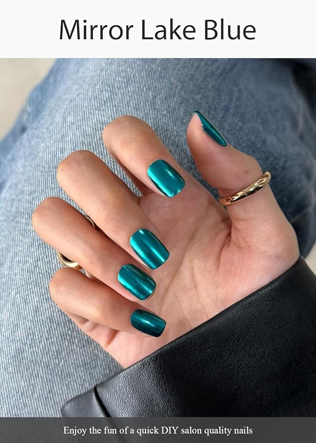 Semi Cured Gel Nail Strips (Mirror Lake Blue), 20 Pcs Chrome Gel Nail Wraps, Stickers, Salon Quality, Works with Any UV Lamps